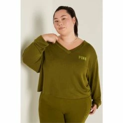 Victorias Secret PINK Victoria's Secret PINK Hazel Green Soft French Terry V Neck Sweater