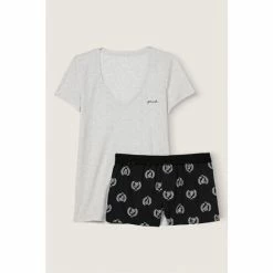 Victorias Secret PINK Victoria's Secret PINK Heather Stone Grey & Black Logo Print Sleep Boxy Set